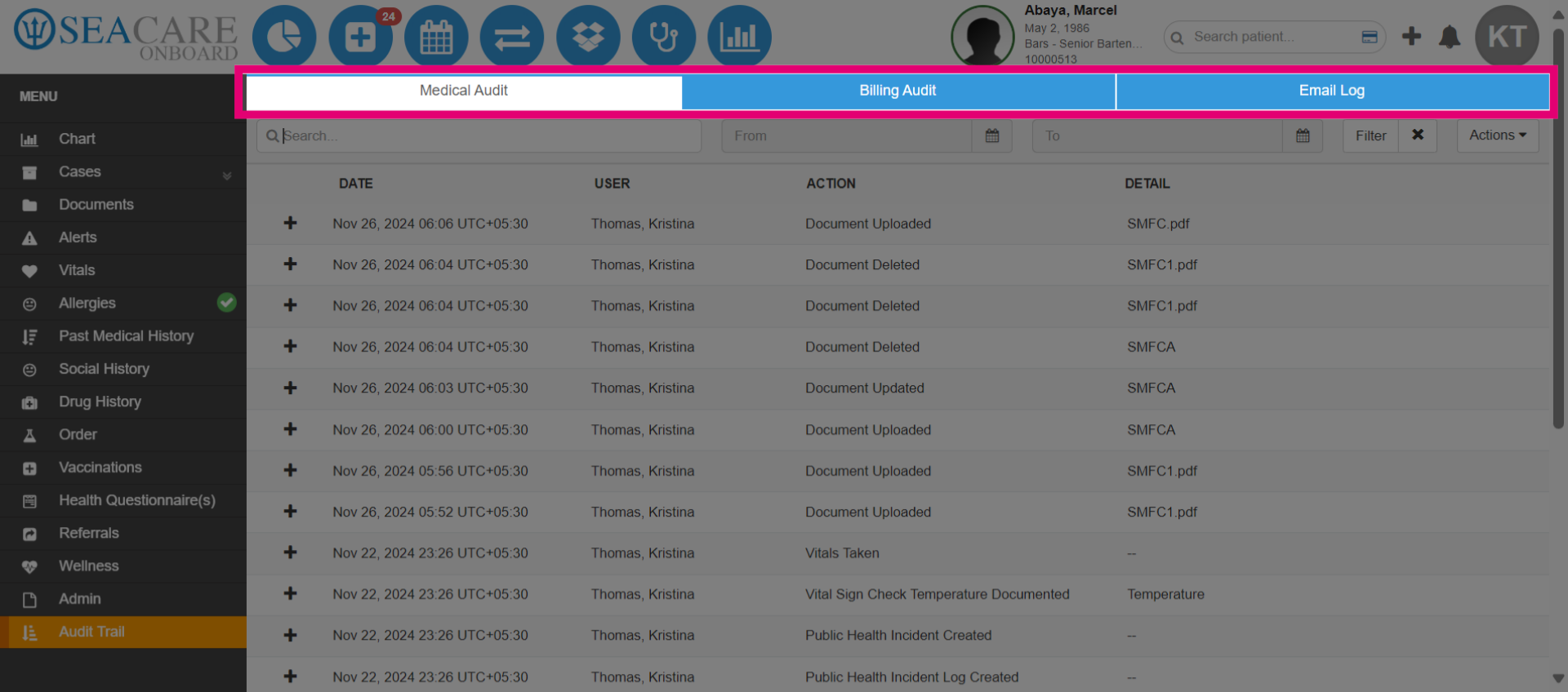 You can view the Medical, Billing and Email log audit histories.