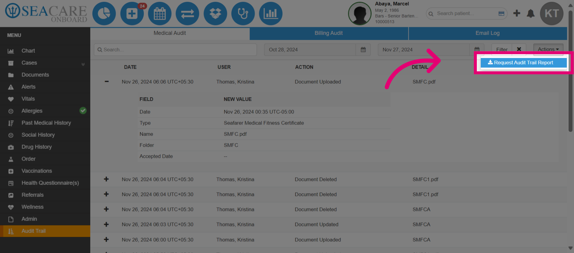 Select the 'Actions' button to request this report