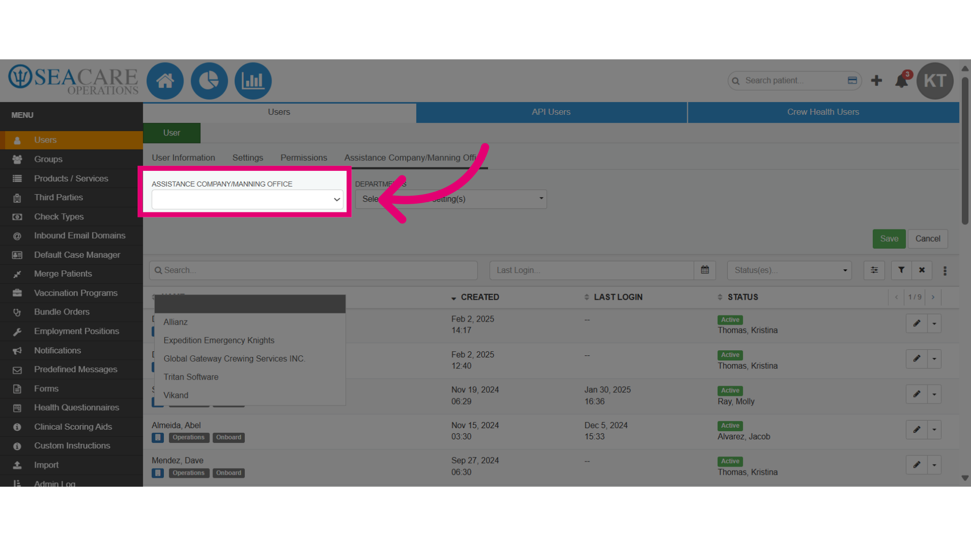 Select the 'Assistance Company/Manning Office' the user belongs to