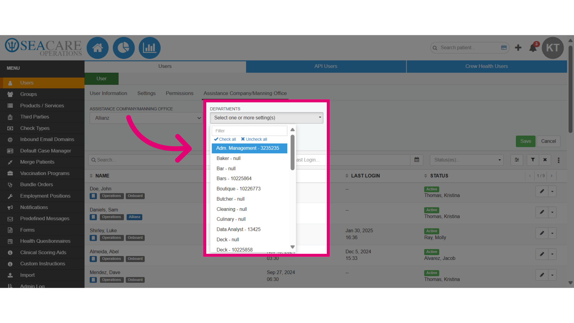 Select the 'Department(s)' that will be managed by the user