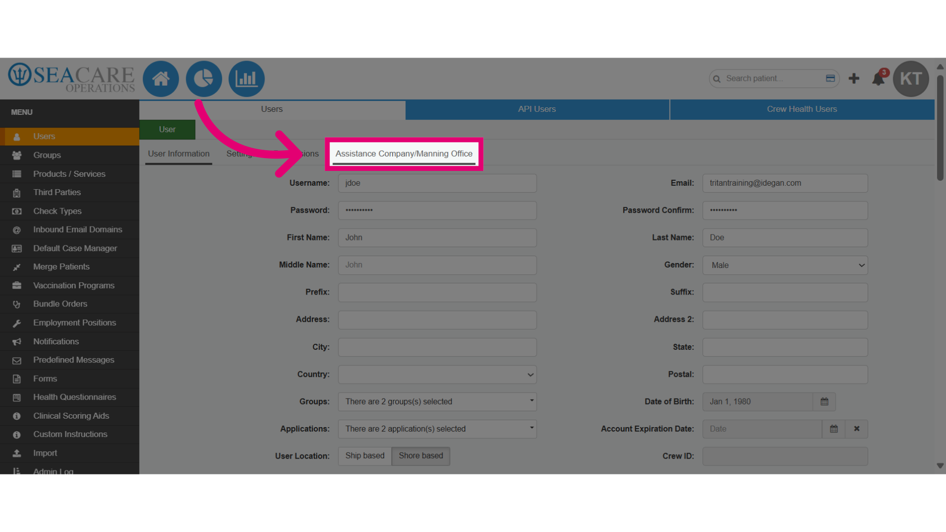 Select the 'Assistance Company/Manning Office' tab