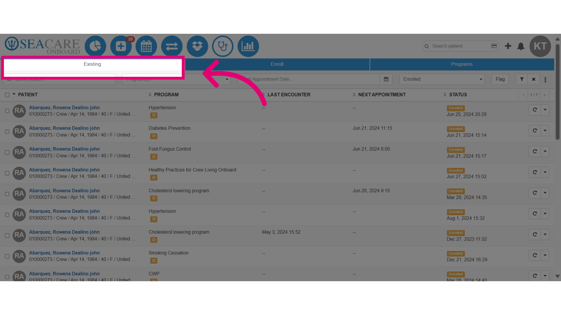 Go to the 'Existing' tab in the Crew Wellness Module