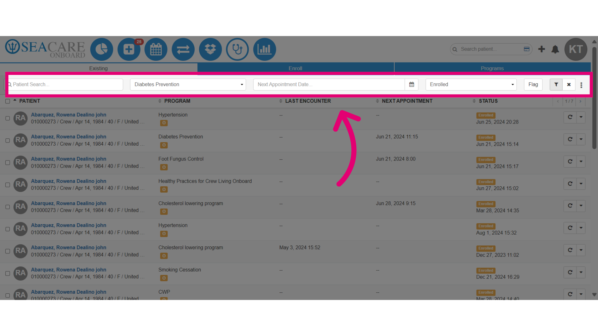 Use the filters to locate crew members