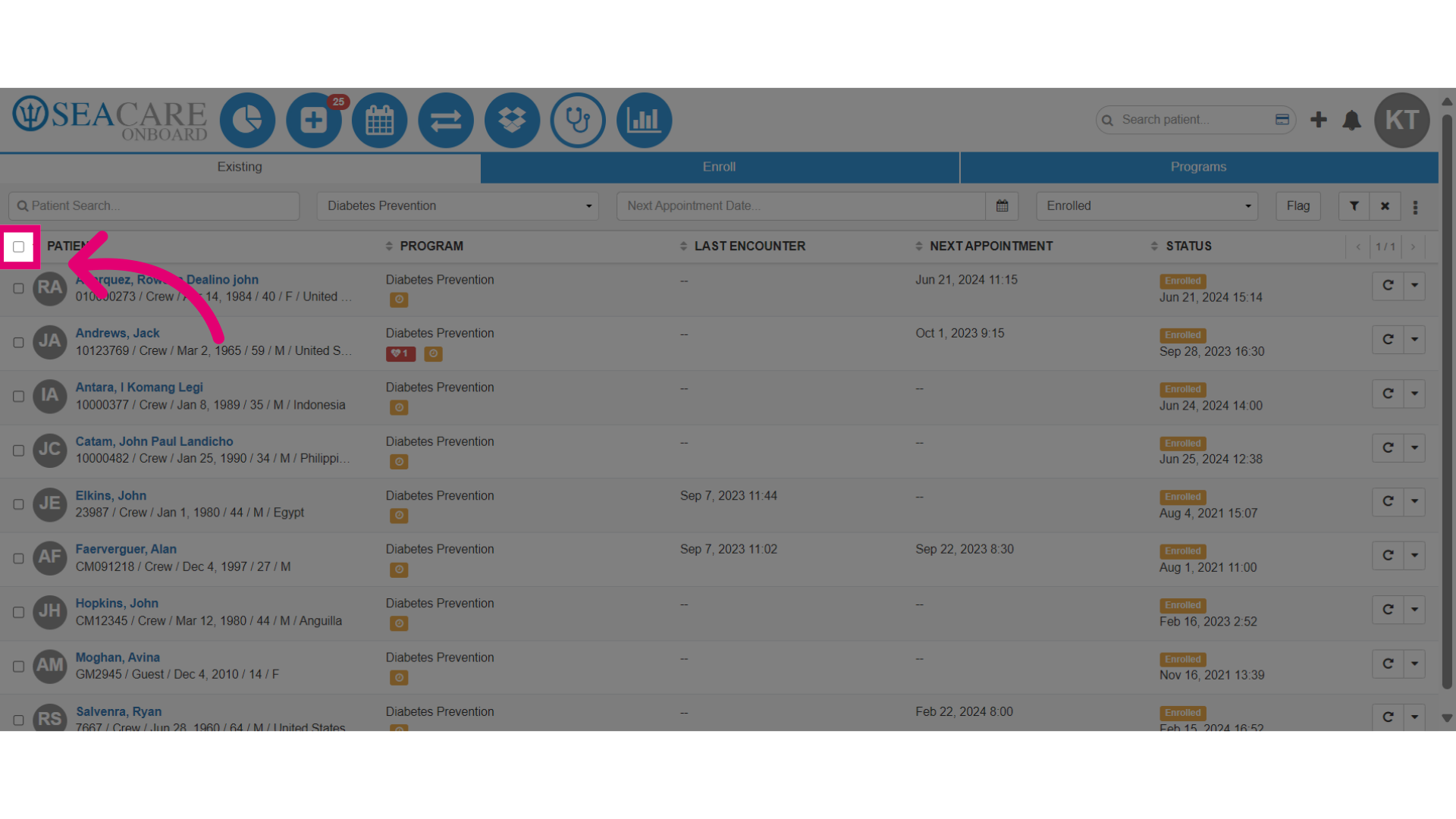 Select the patients from the list to send the email