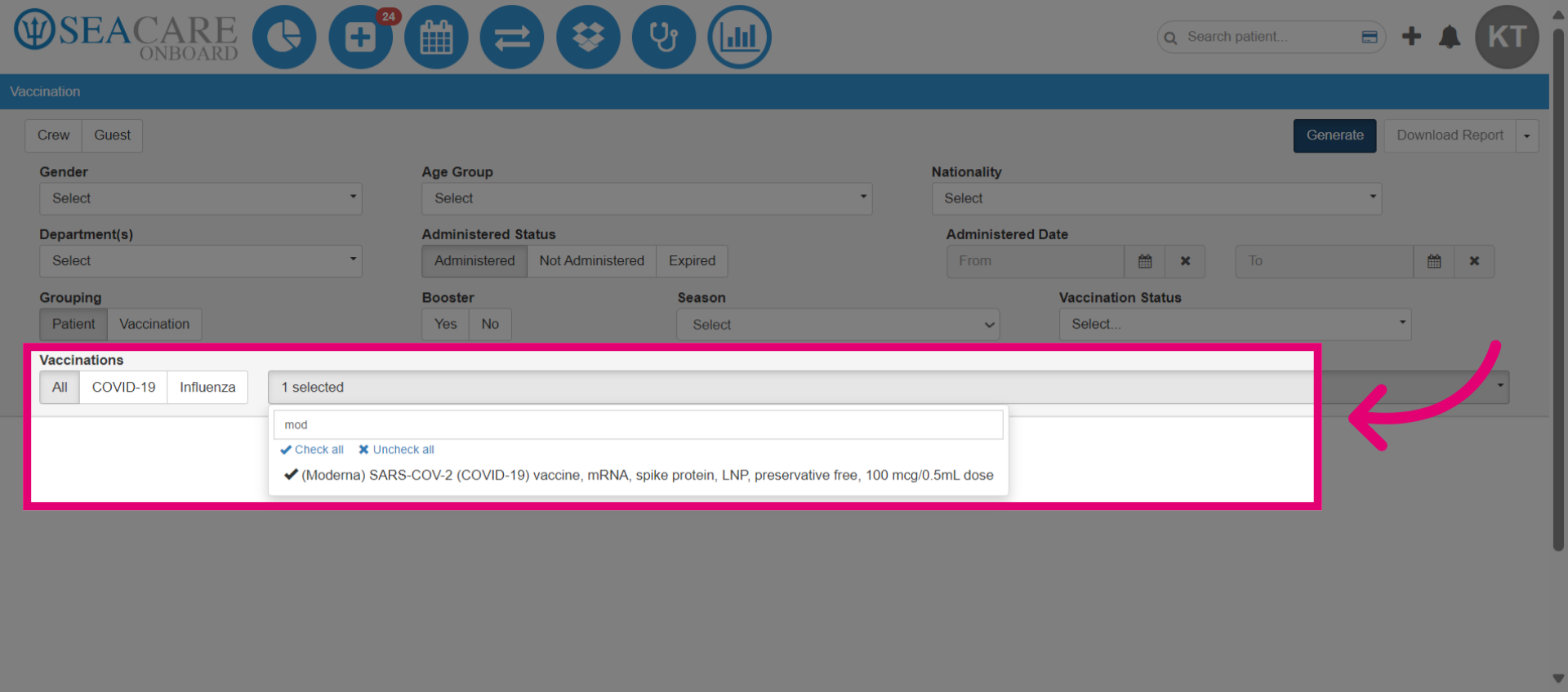 Select the 'Vaccination' type required filter