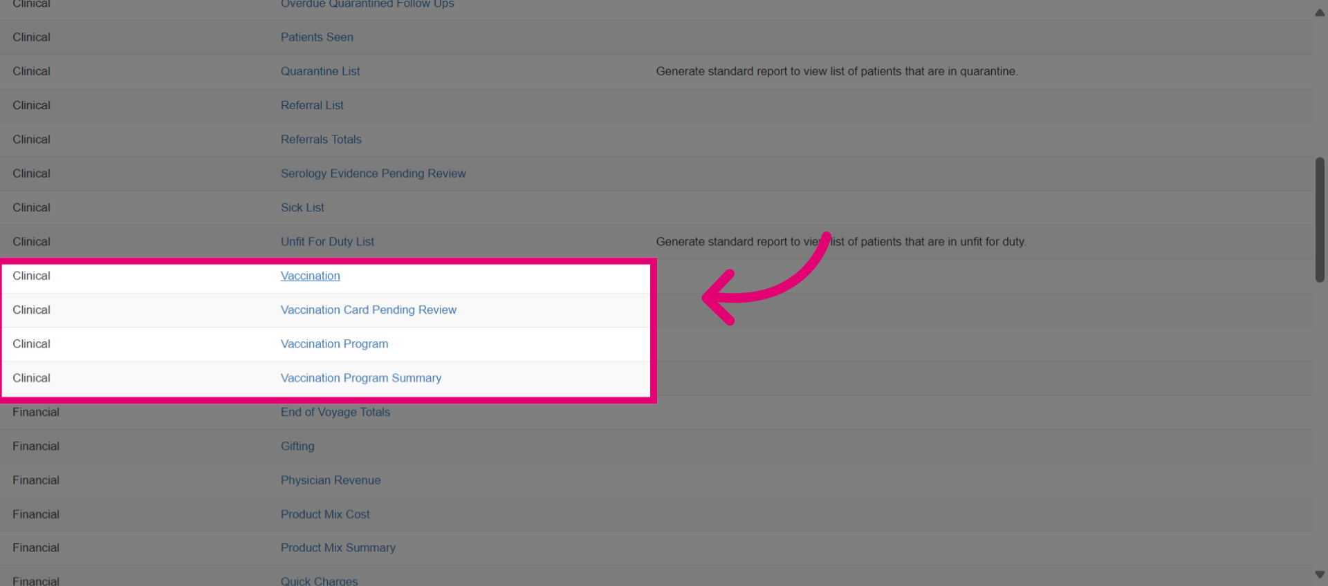Navigate to a group of 'Vaccination' reports