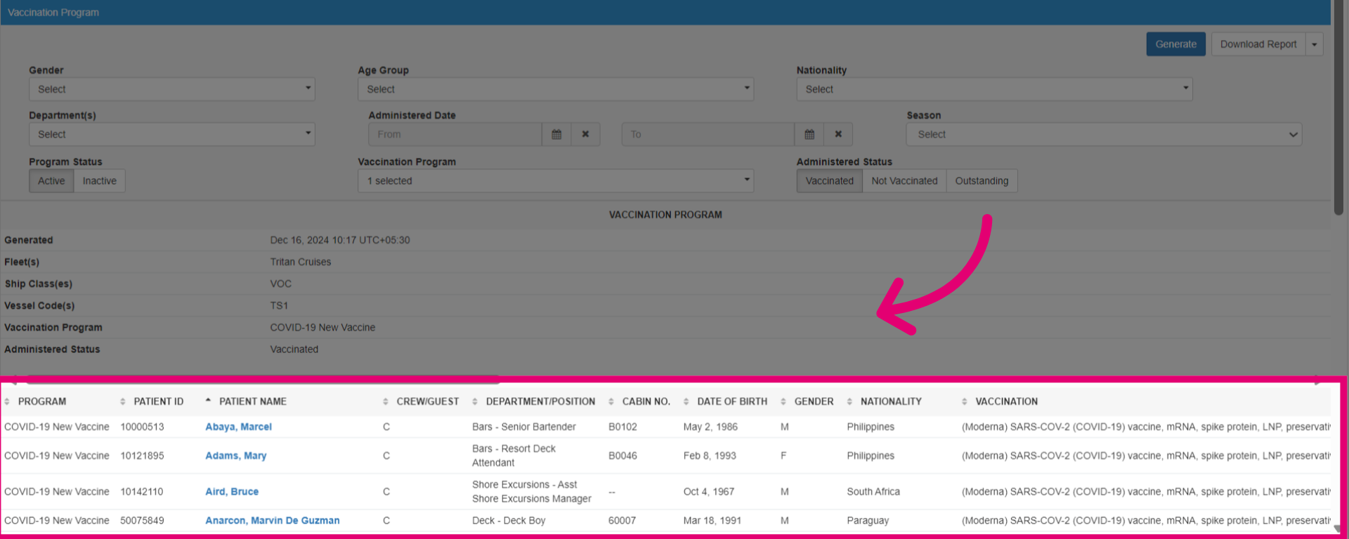 Generate a 'Vaccination Program' report