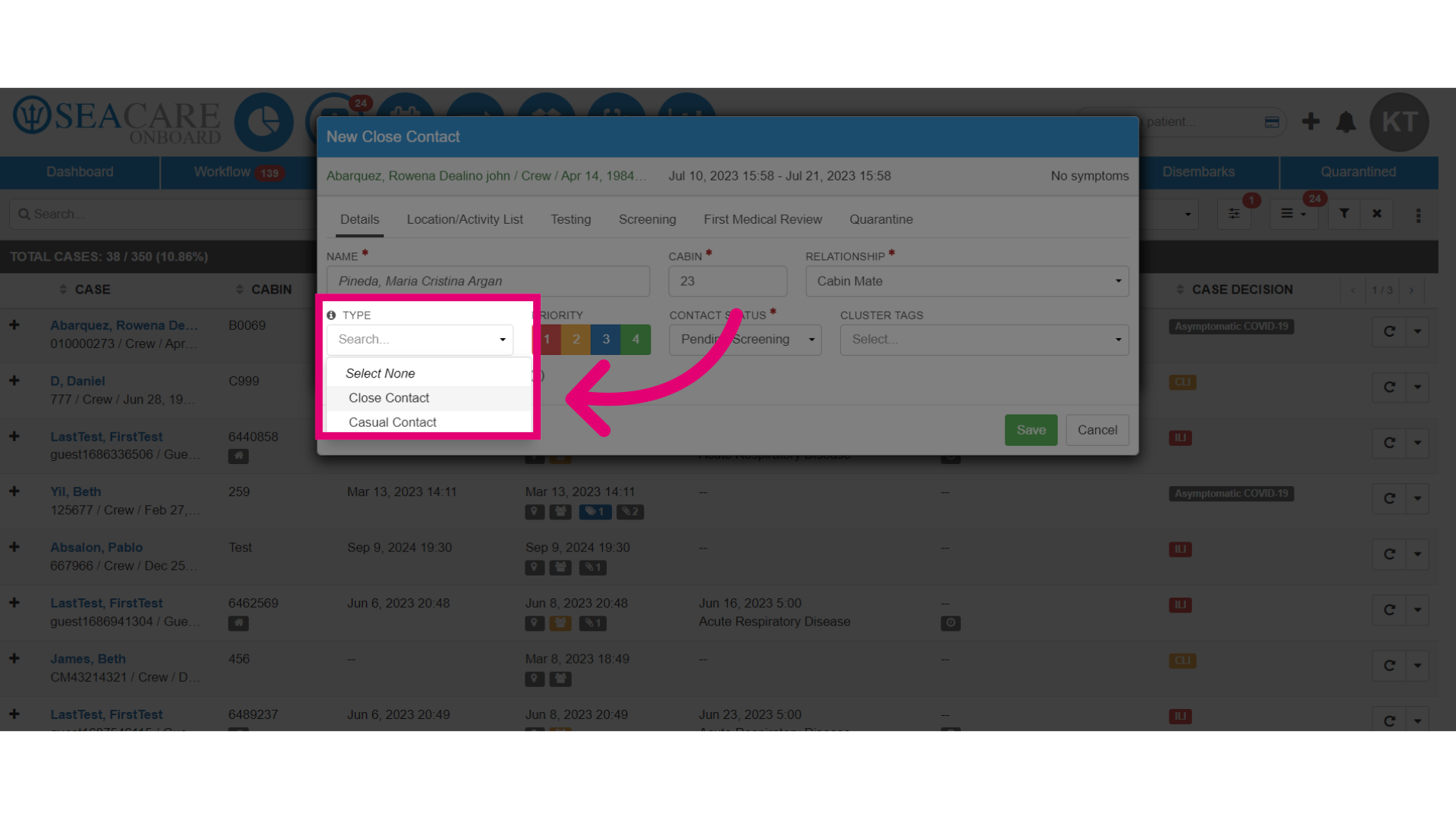 Specify the 'Type' of contact