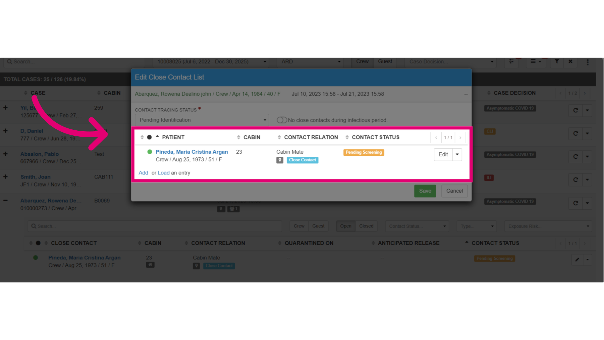 View updated 'Edit Close Contact List'