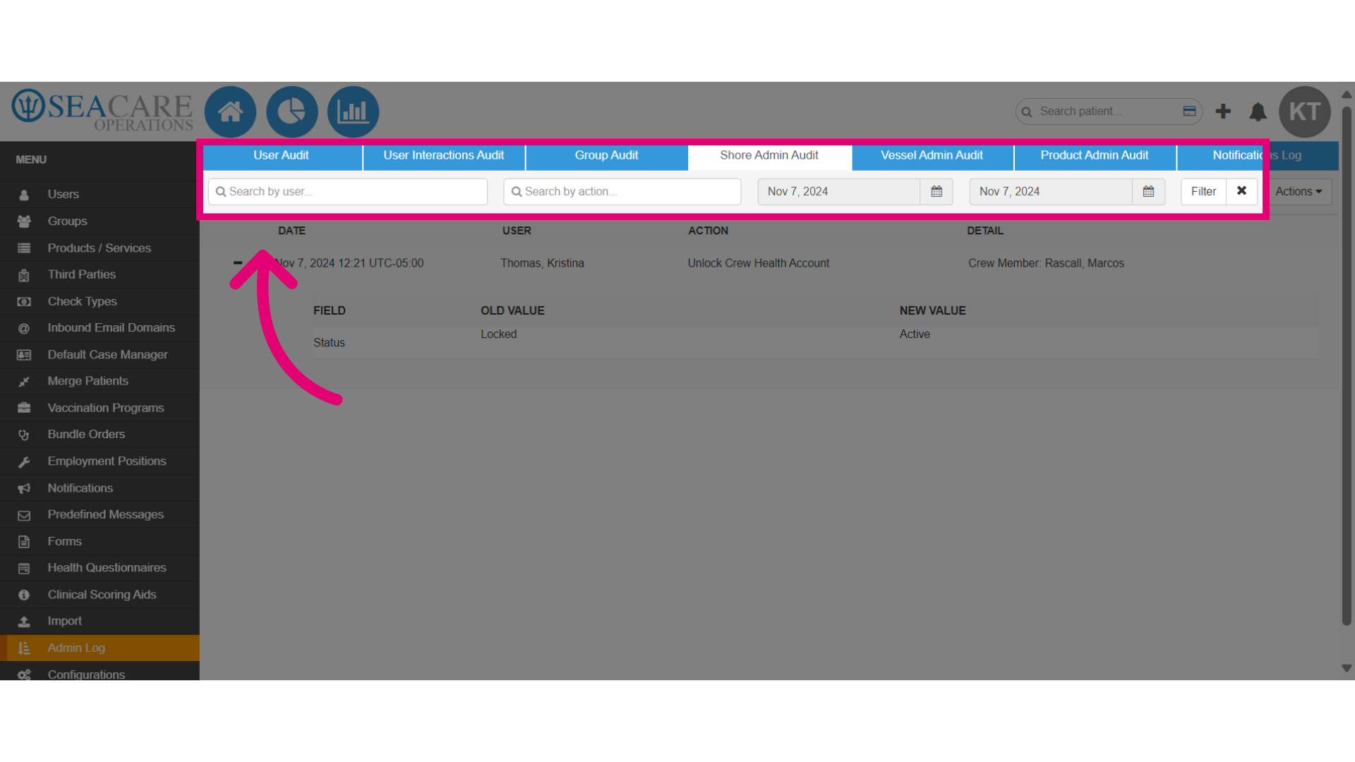 View Shore Admin Audit Tab