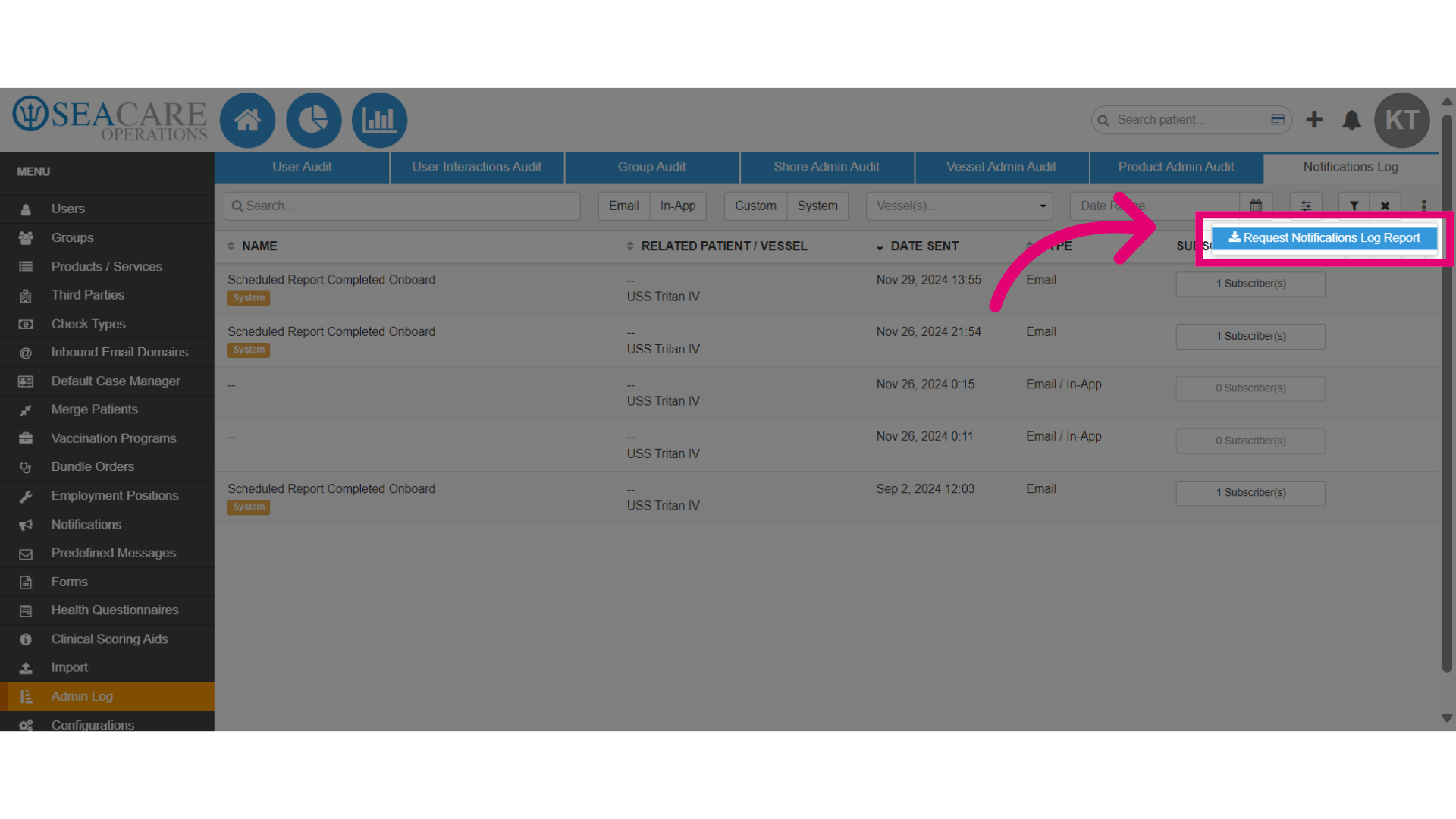 Click 'Request Notifications Log Report'