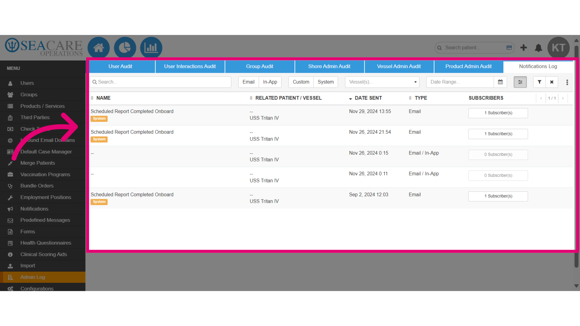 View the 'Notifications Log' Tab