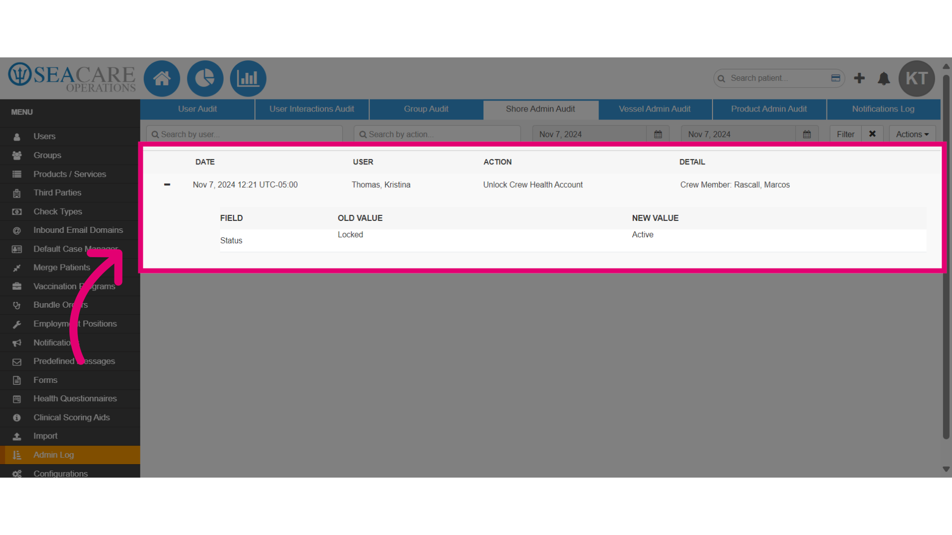 View the 'Shore Admin Audit' list