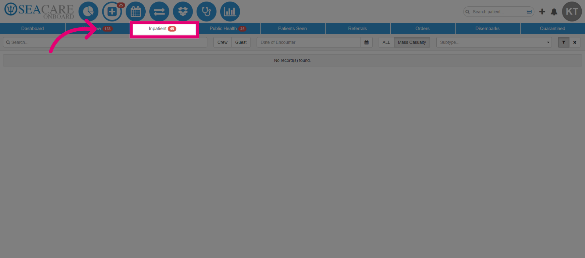 Go to the 'Inpatient Tab' in the Clinic Module