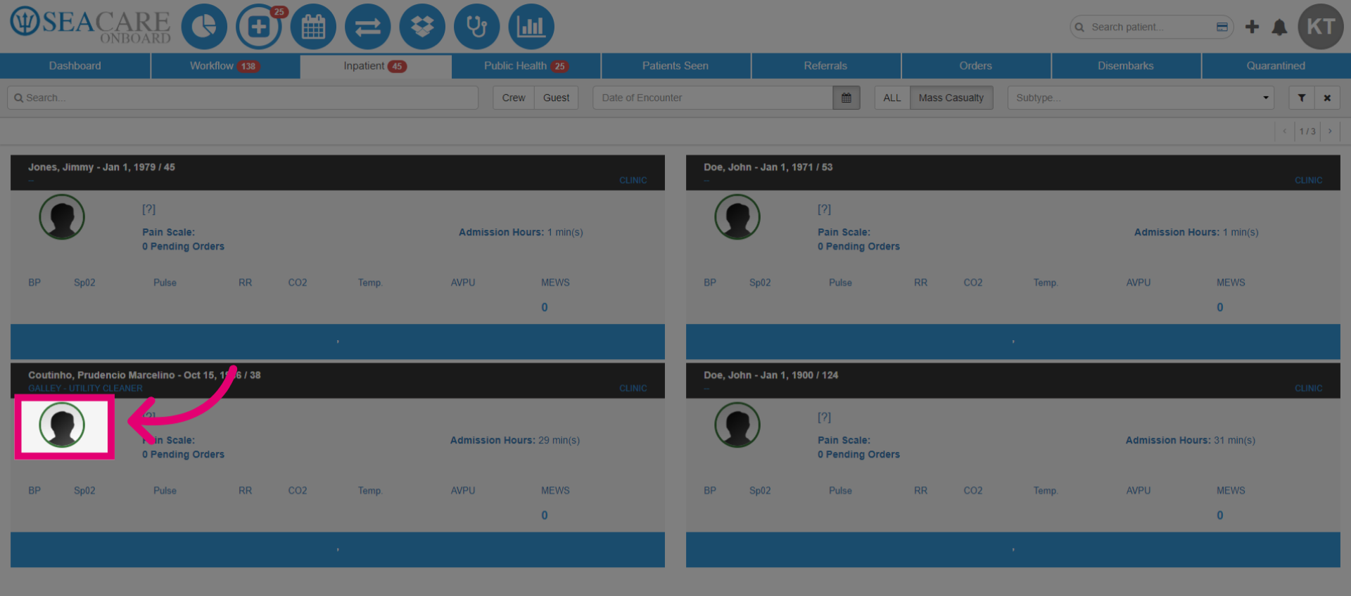 Select the patient's avatar to 'Start an Encounter'
