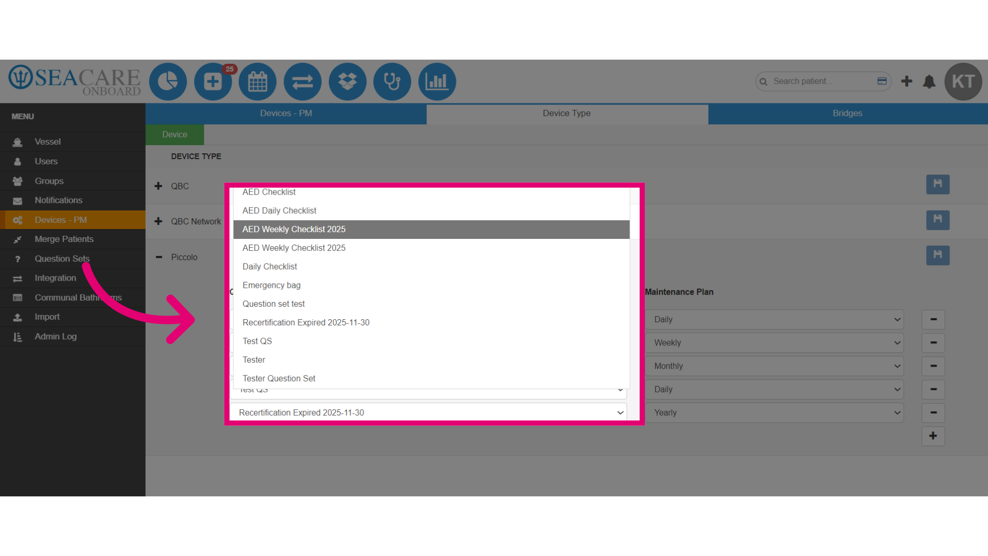 Add the desired checklist to the device