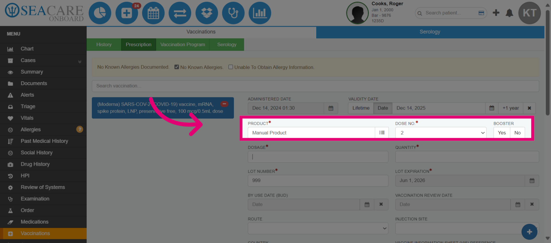 Add the 'Product' and 'Dose Number'