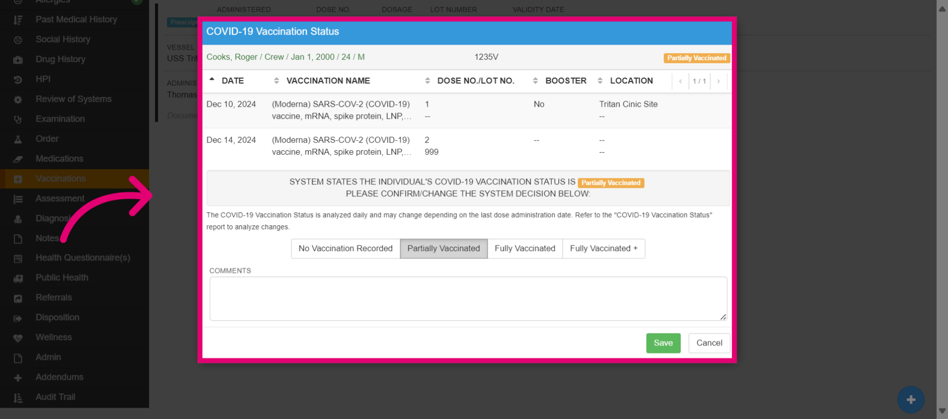 Confirm the 'COVID-19 Vaccination Status'