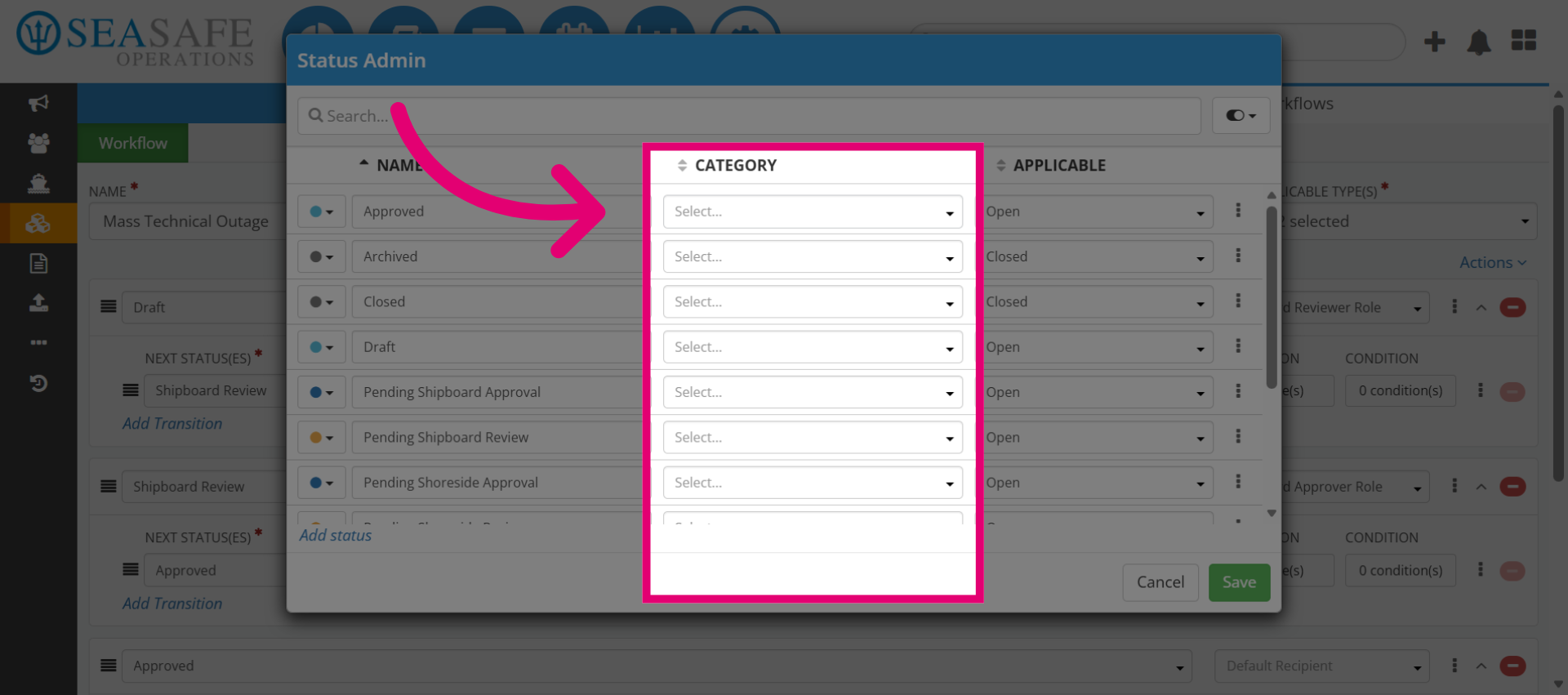 Open Status Selection Menu