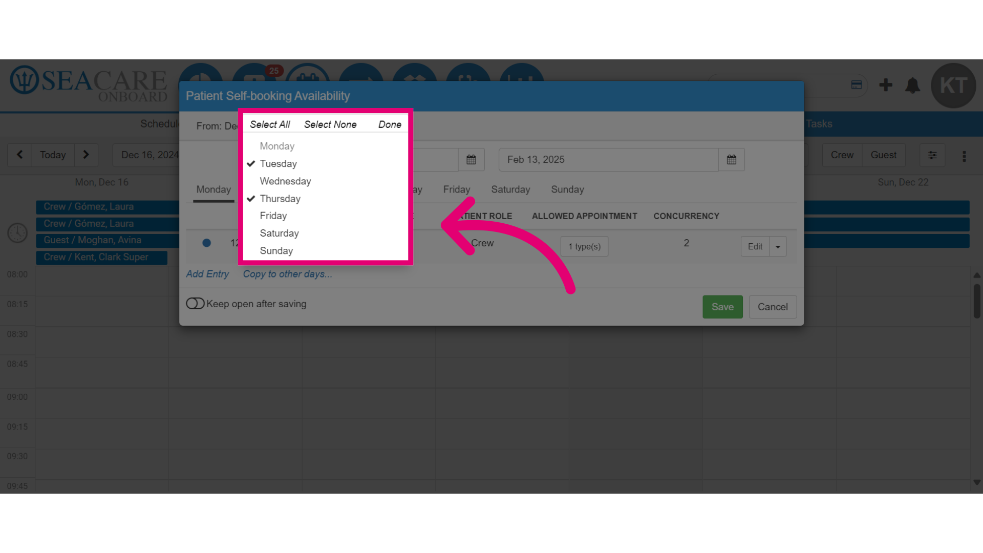 Select the days to copy