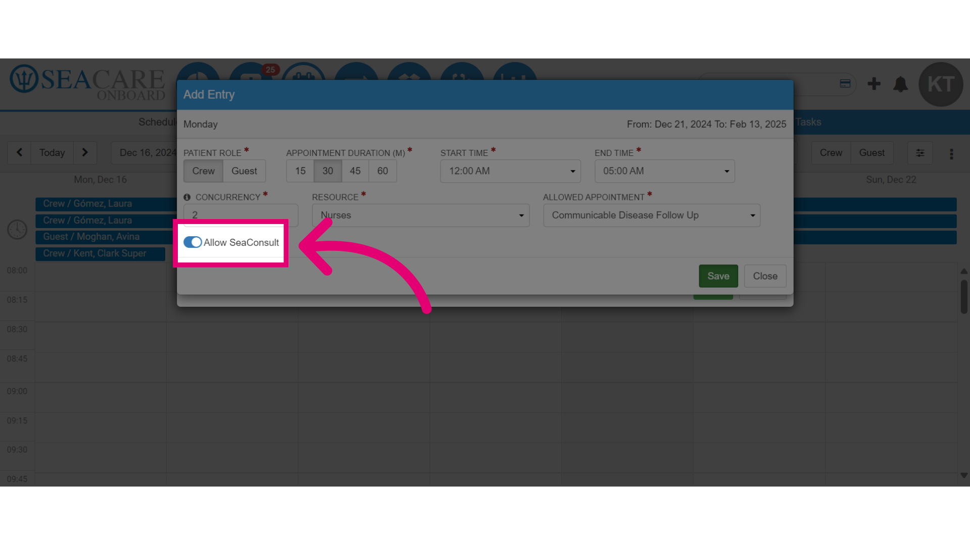 Toggle on the option to hold SeaConsult calls for appointments