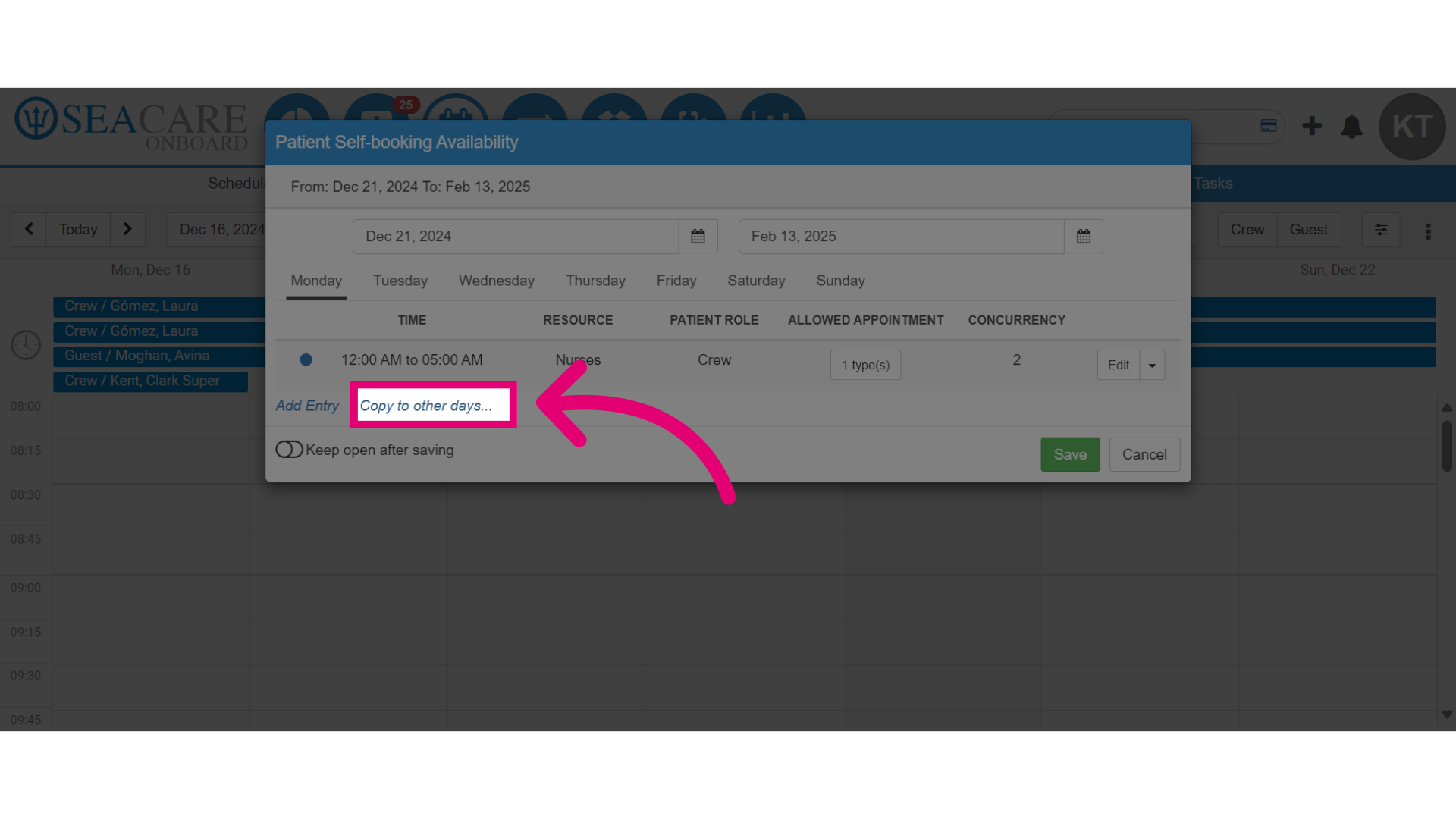 Select 'Copy to other days'