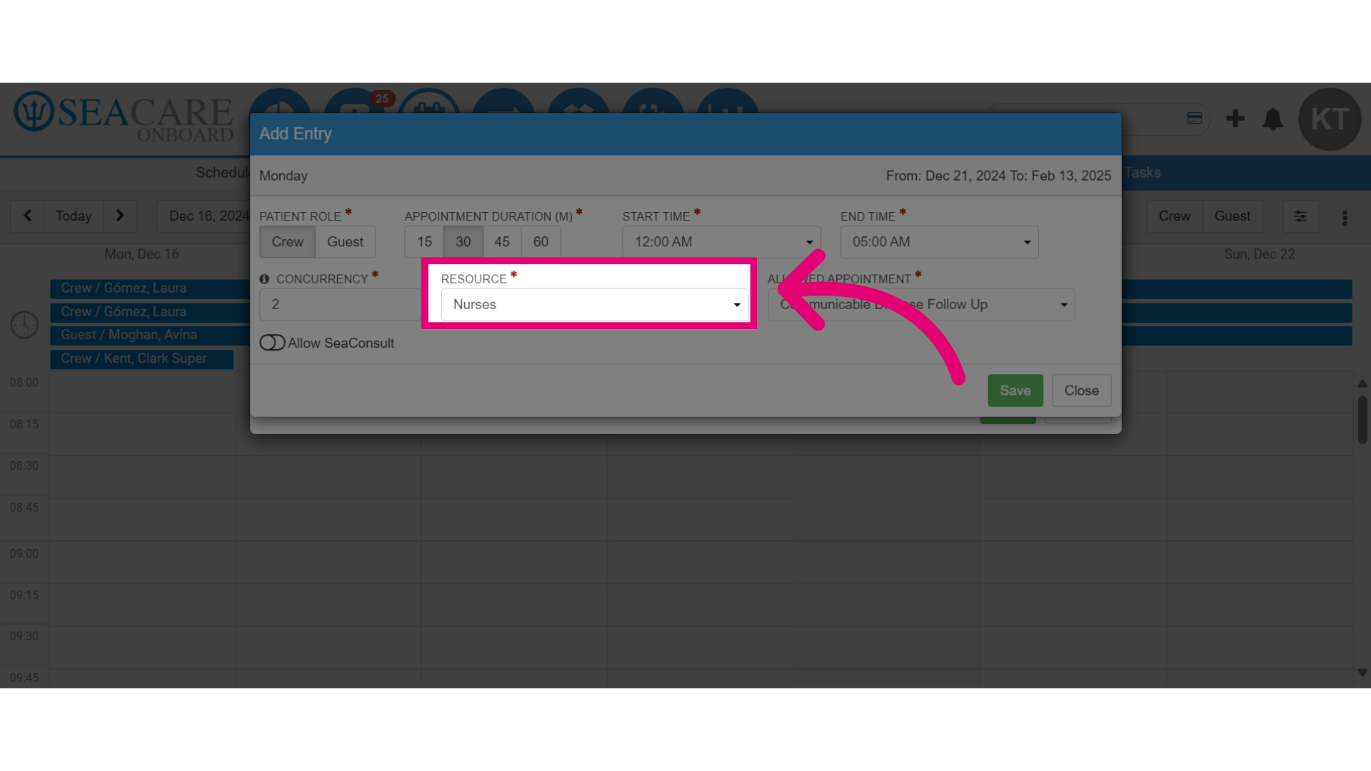 Select a 'Resource' who will attend to patients for the appointments