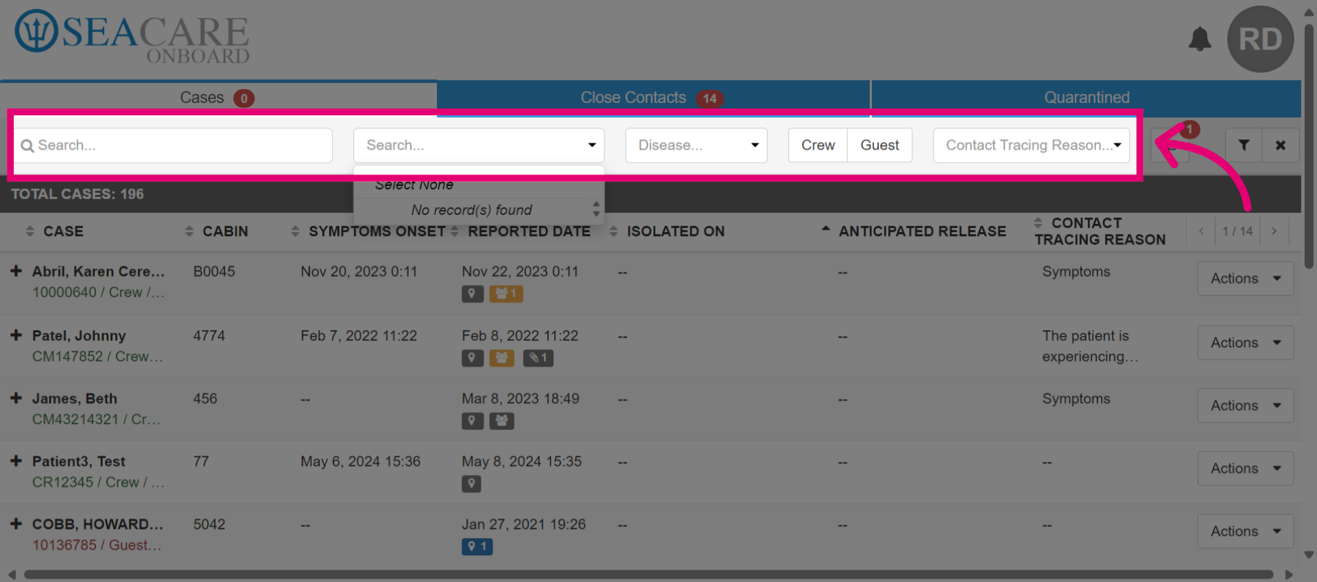 Use the filters to locate patients