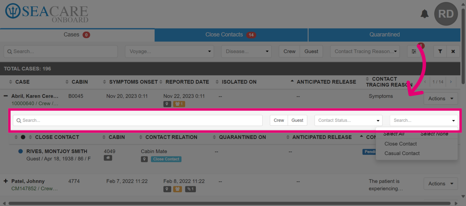 Use 'Search' and 'Filters' to locate Close Contacts