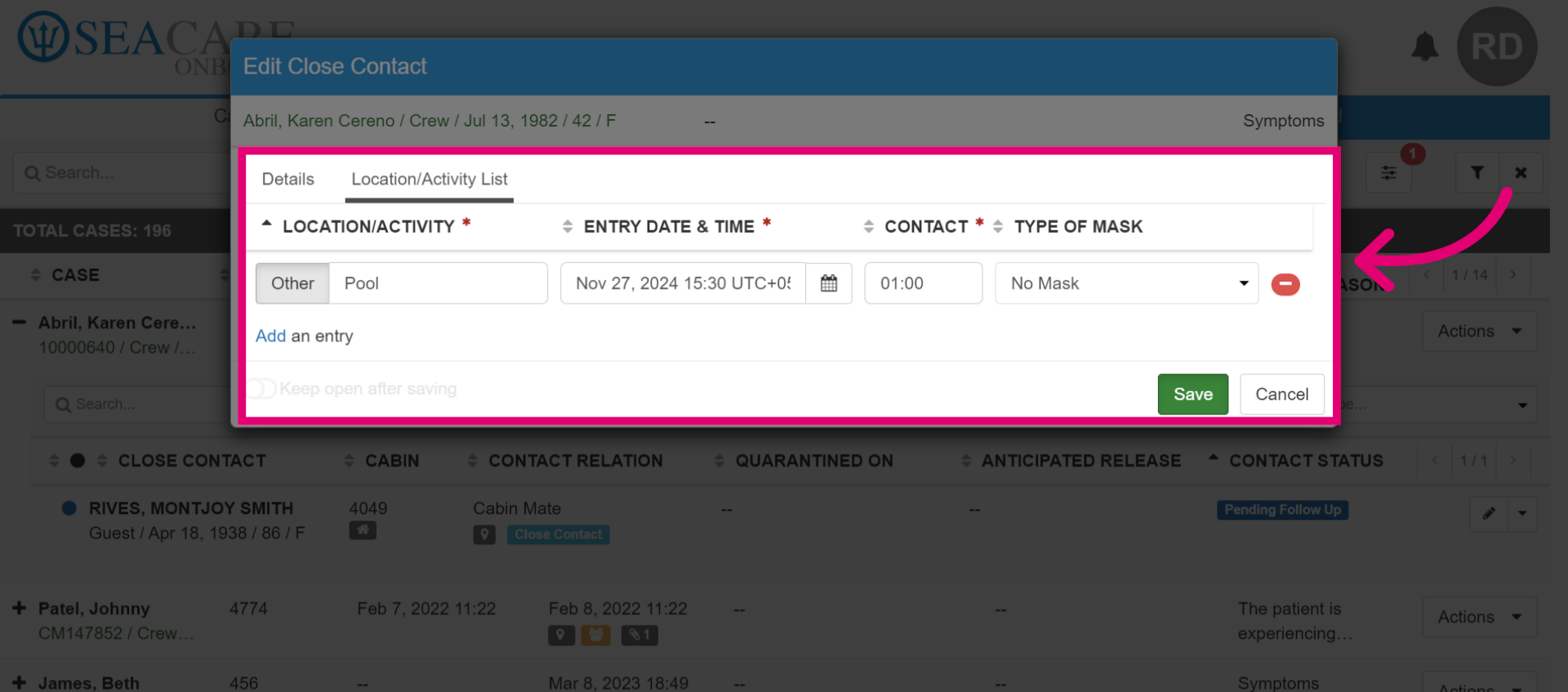 Specifiy the 'Location/Activity' details