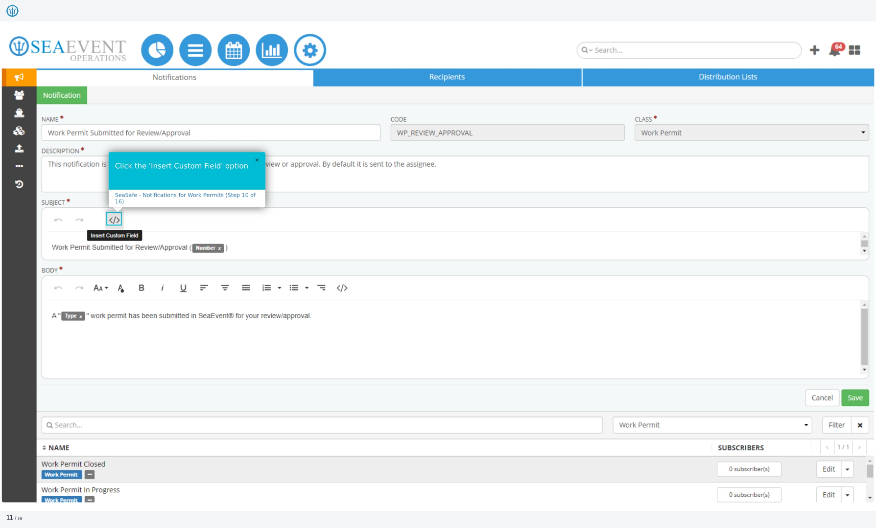 Click the Insert Custom Field Option
