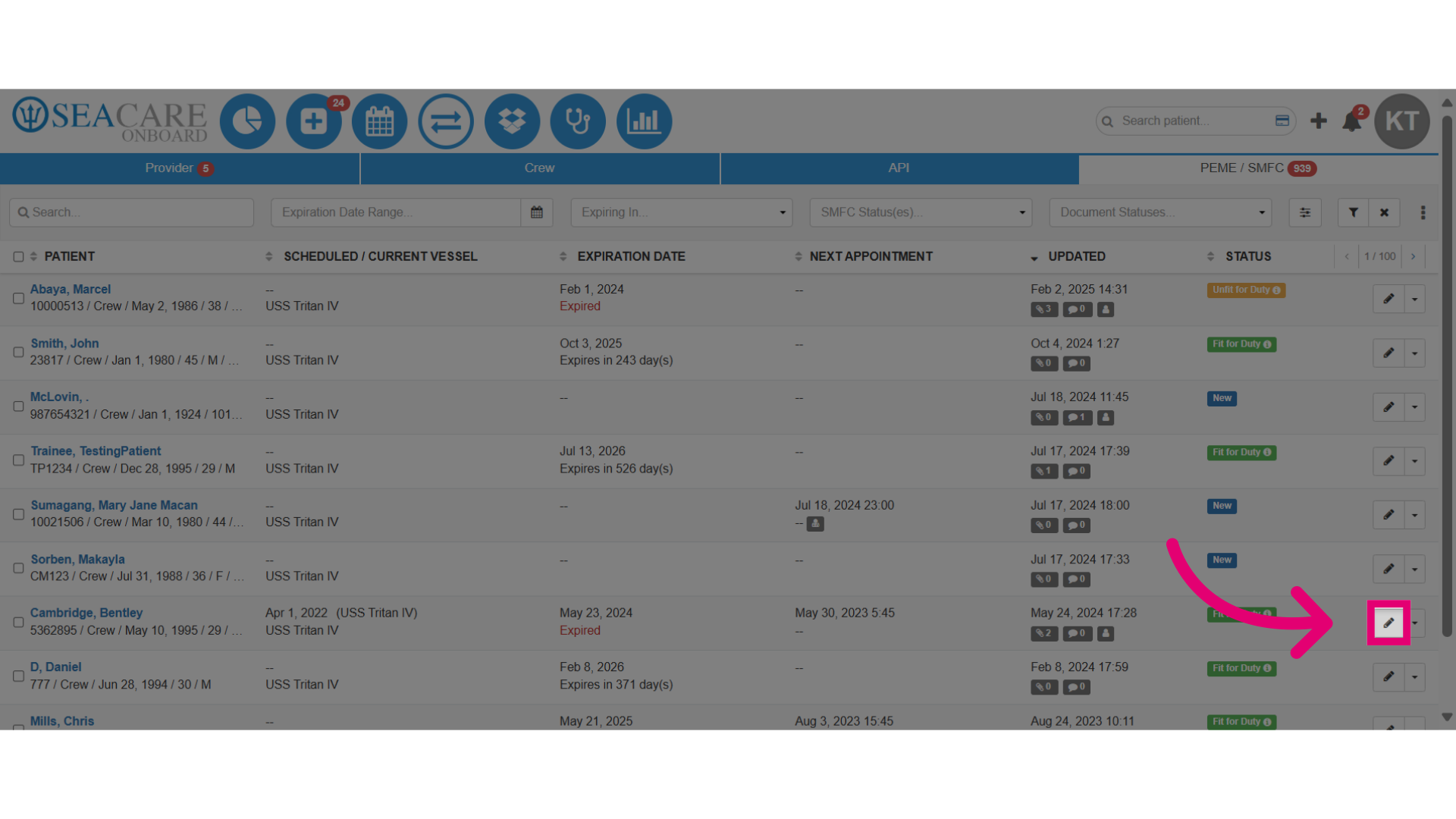 Locate the patient in the list and select the 'Edit' button