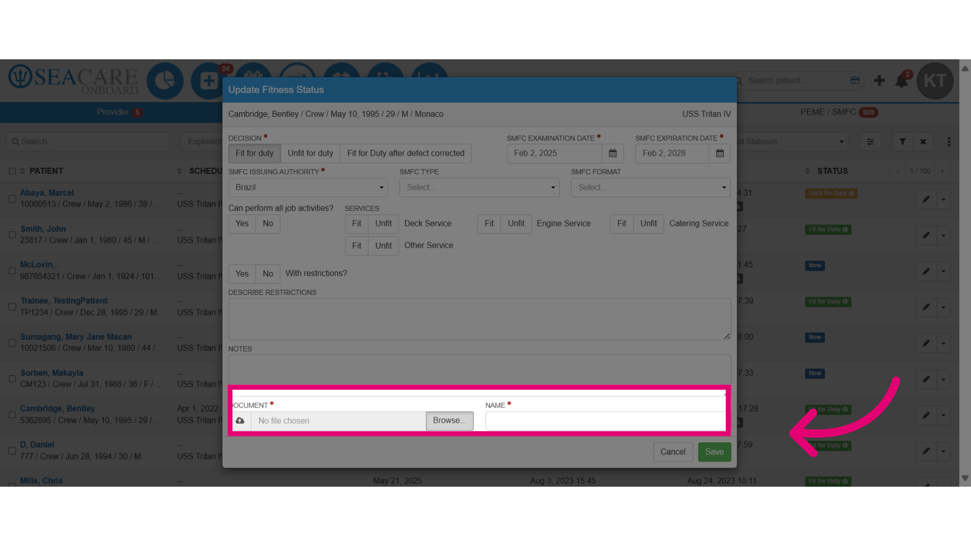 Upload a copy of the SMFC certificate and add a Name