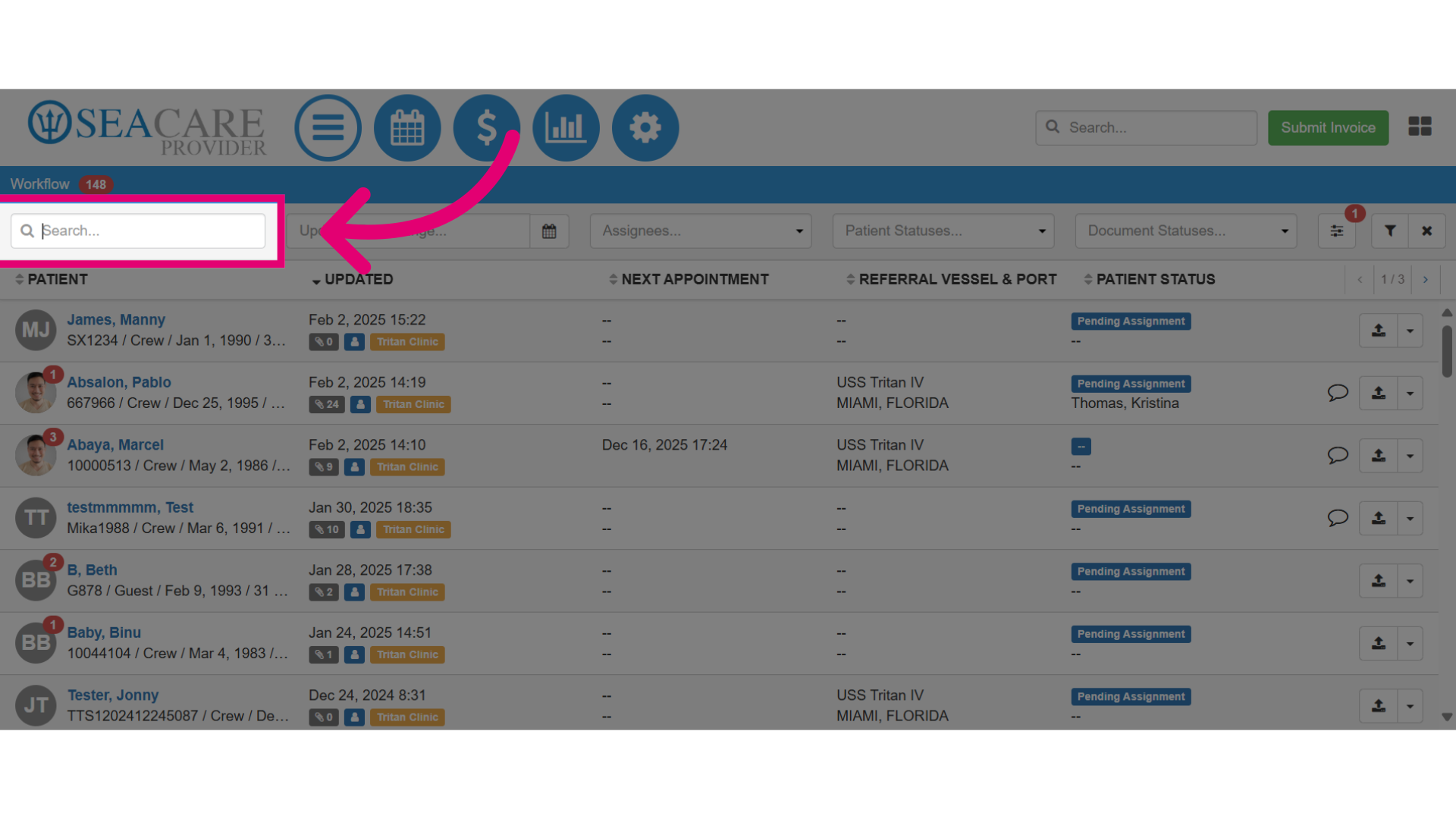 Enter the patient name in the 'Search' field