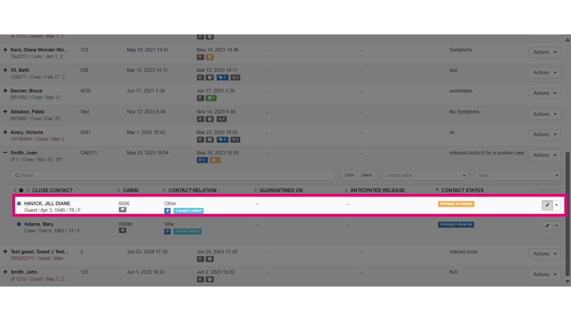 Select to Edit the close contact