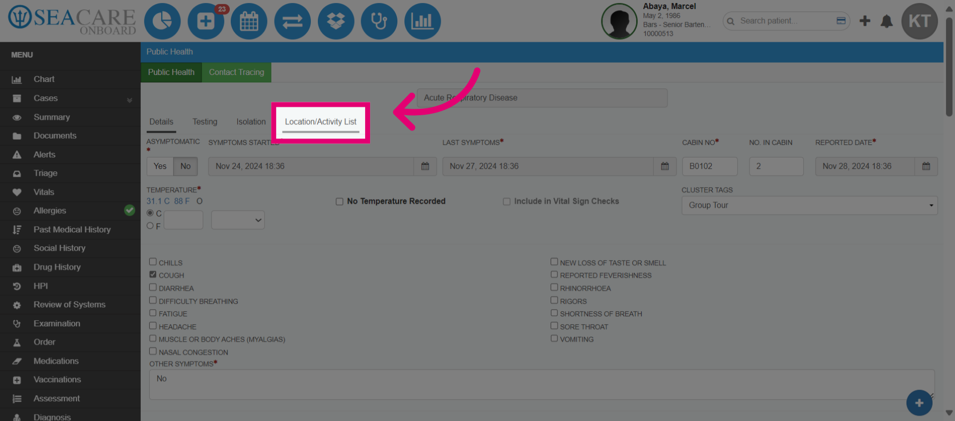 Go to the'Location/Activity List' sub-tab