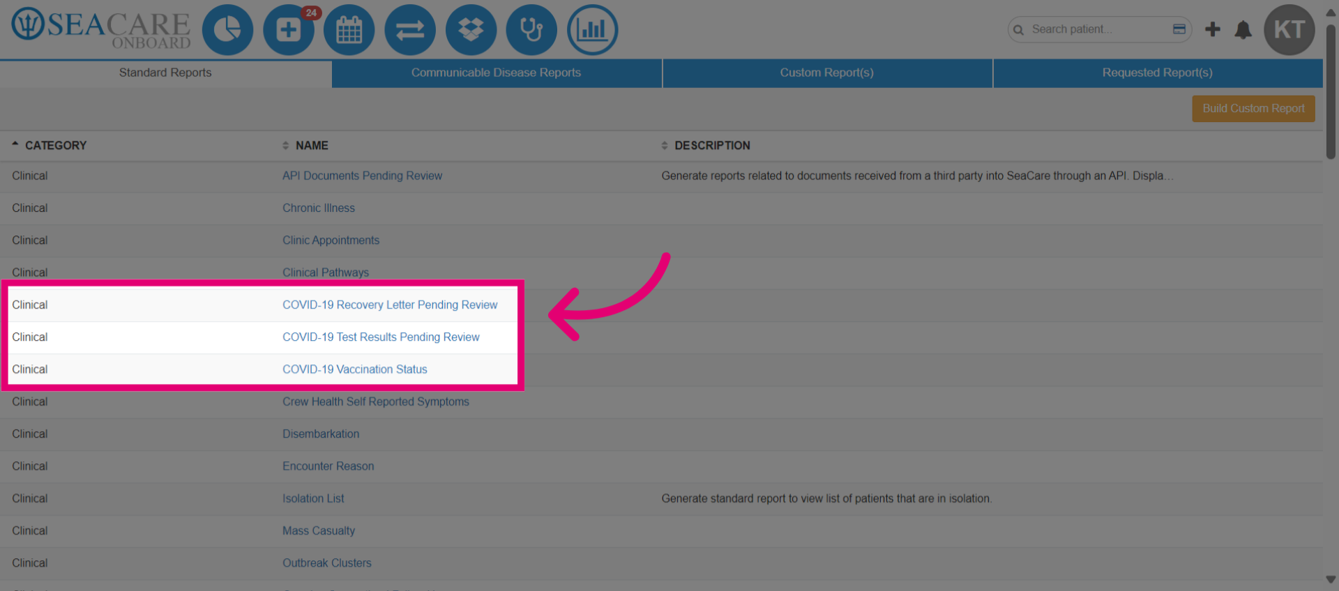 View communicable disease reports in the 'Clinical' category