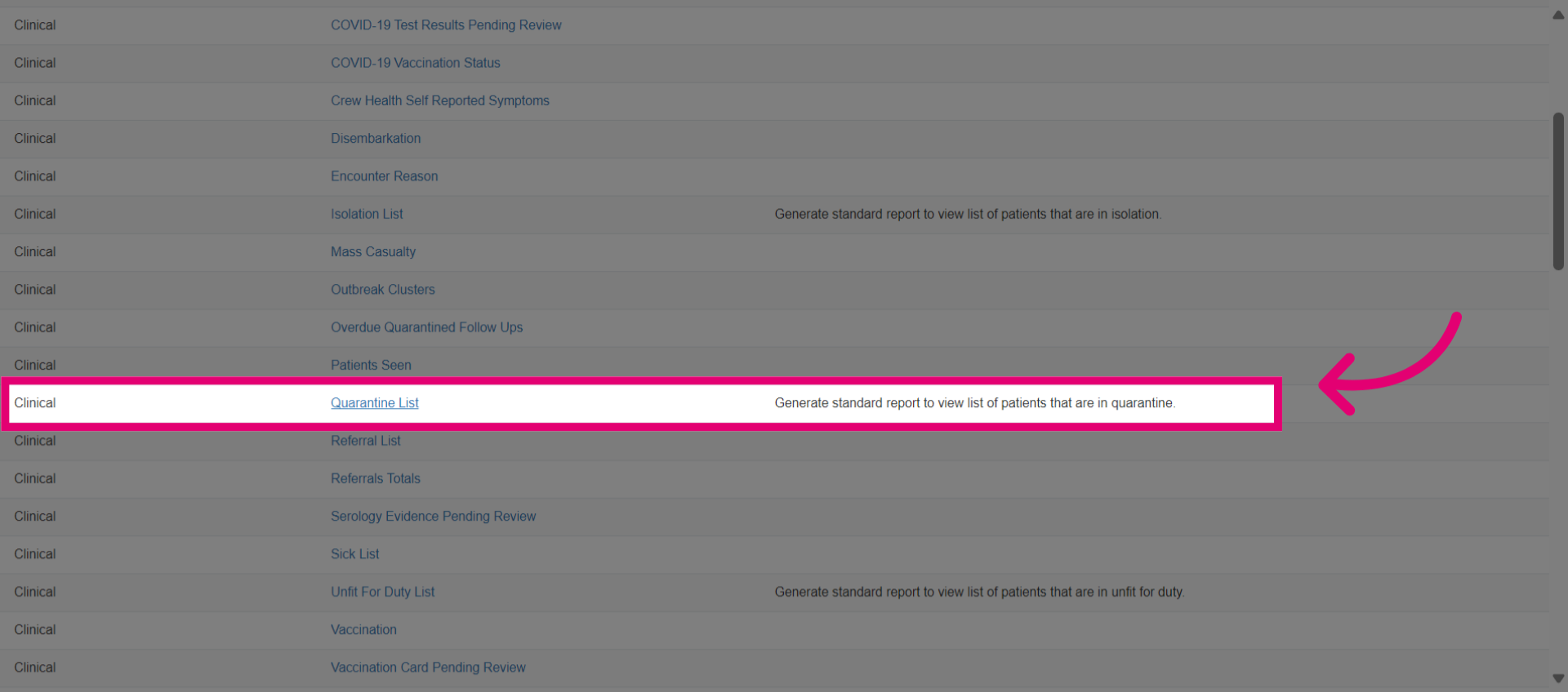 View the 'Quarantine List' report