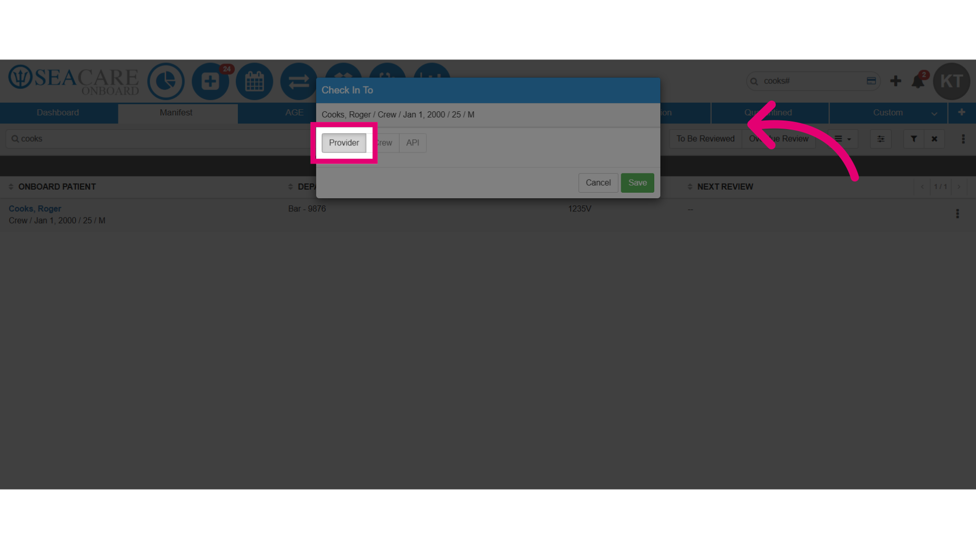 Select the Health Information Exchange tab to check the patient into