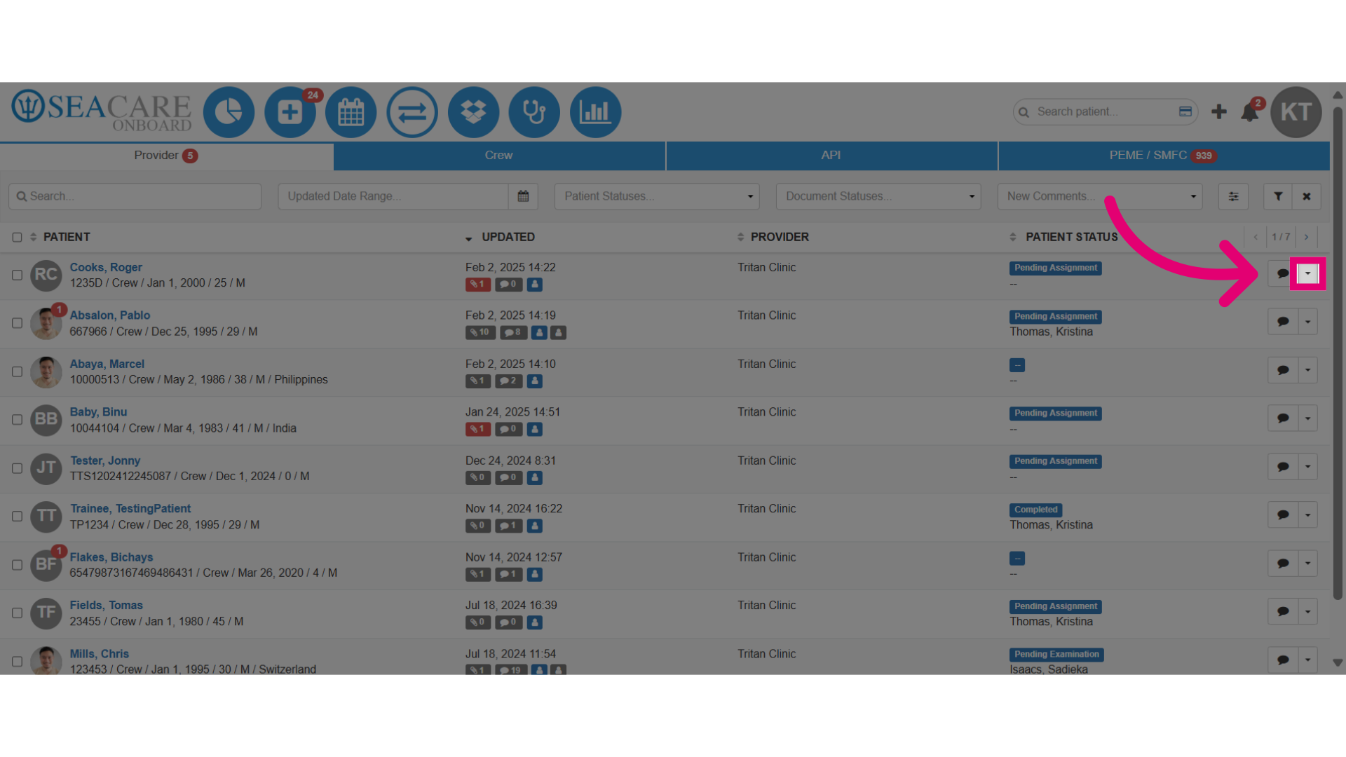Locate your patient and select the Actions button