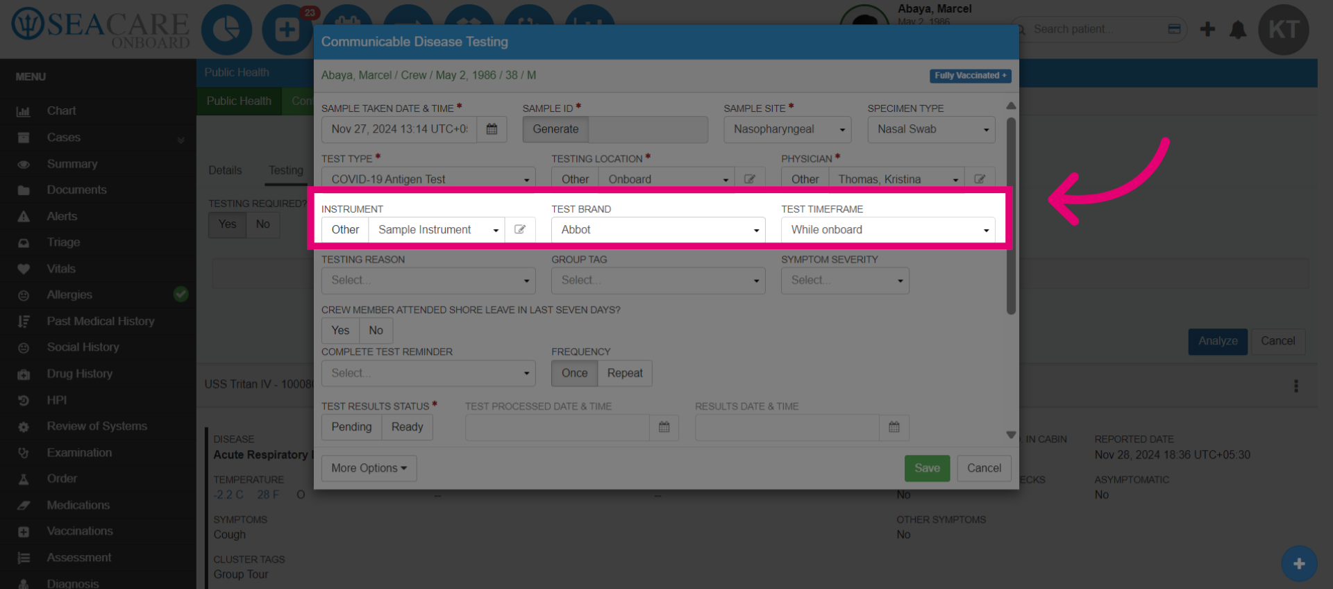 Add Instrument Test Brand, Timeframe and Reason