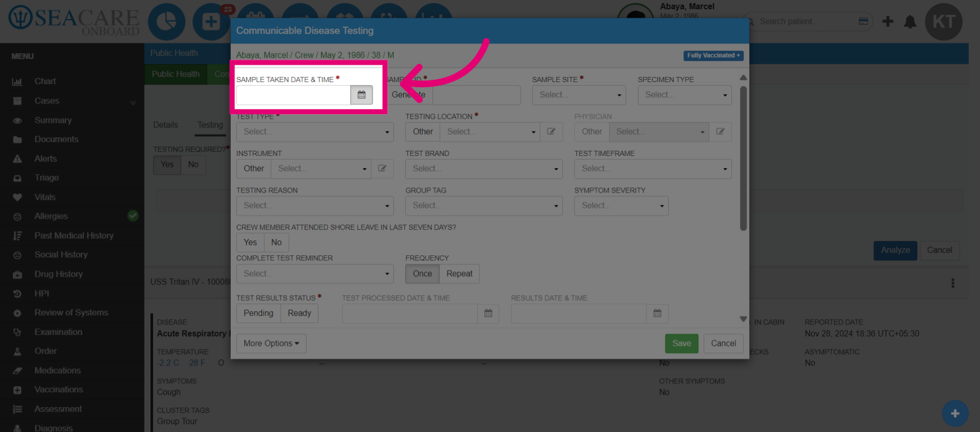 Enter the Sample Taken Date and Time