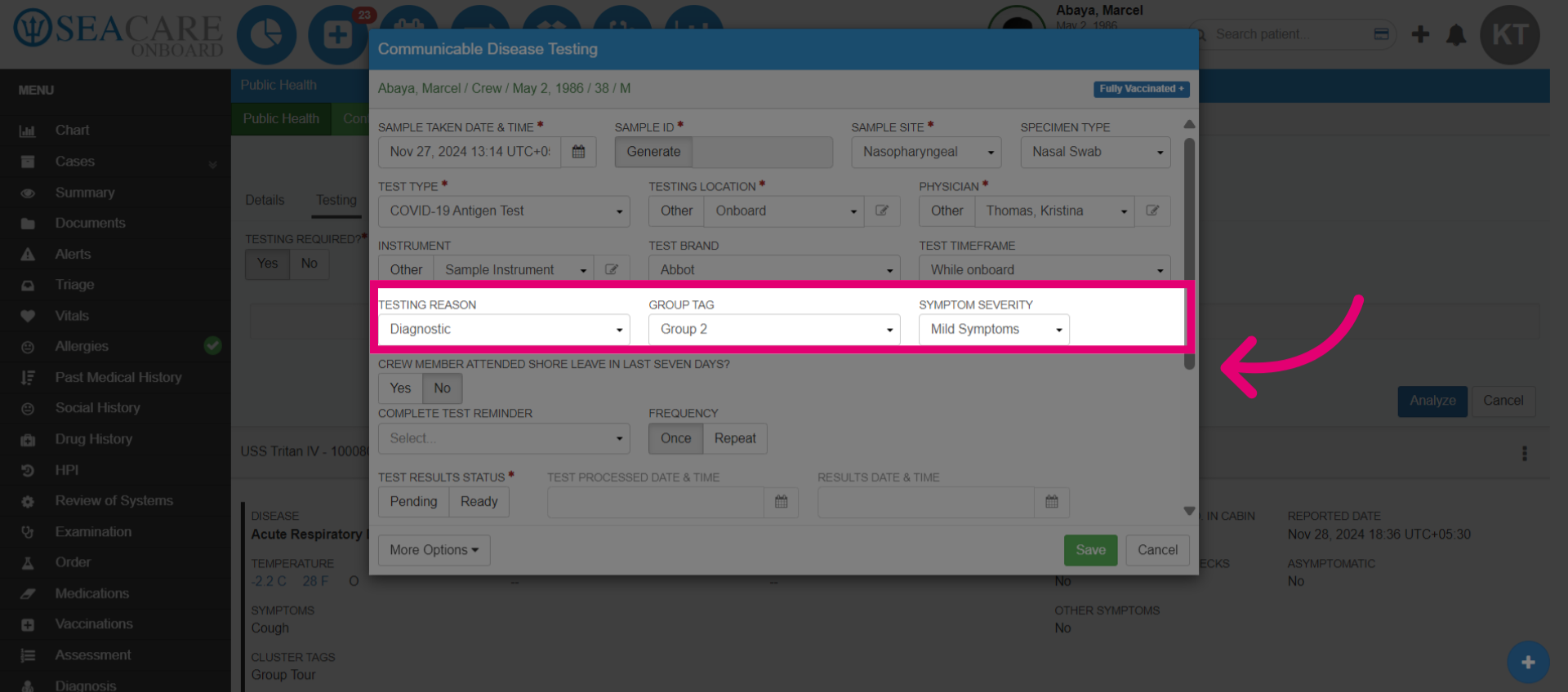 Add the Testing Reason, Group Tags, and Symptom Severity