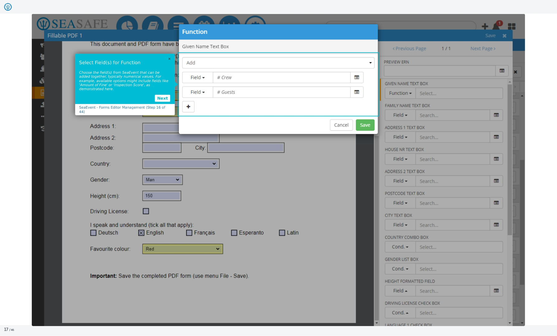 Select Field(s) for Function