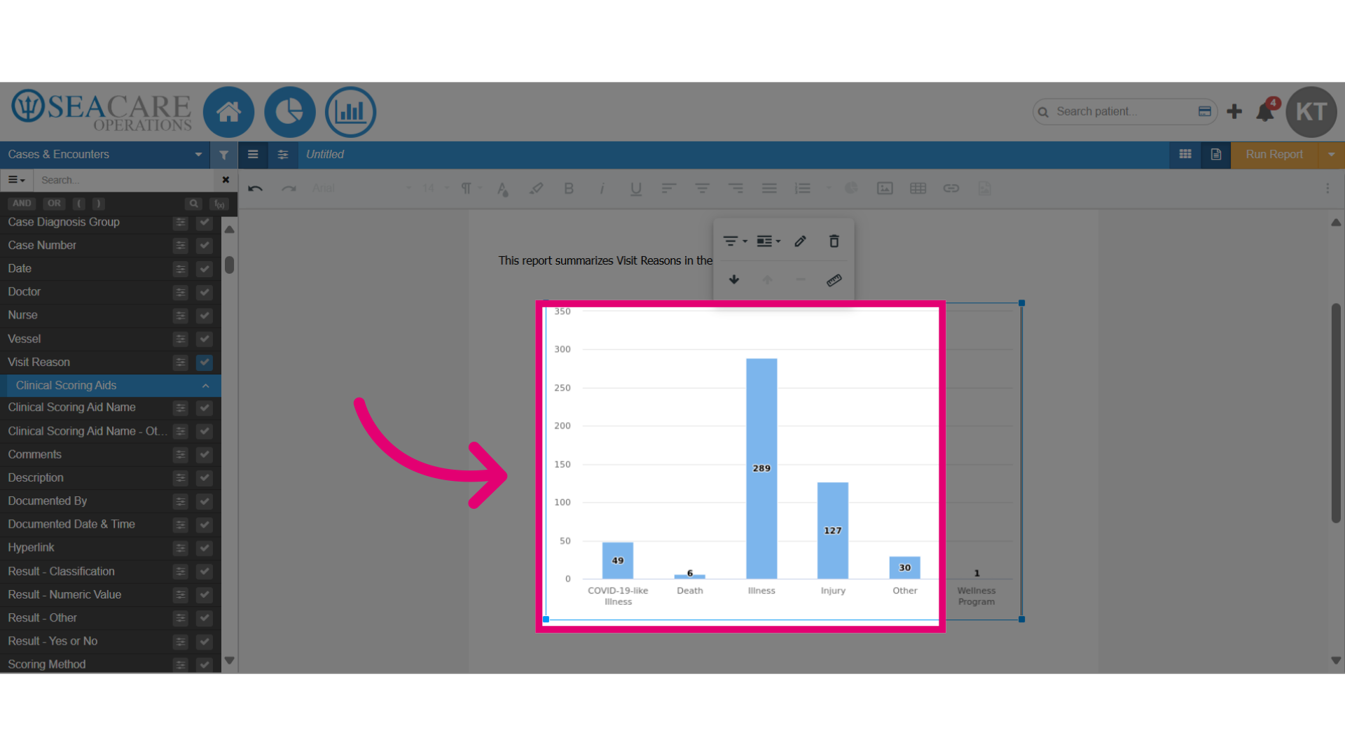 The Visit Reason data field is added to the chart automatically