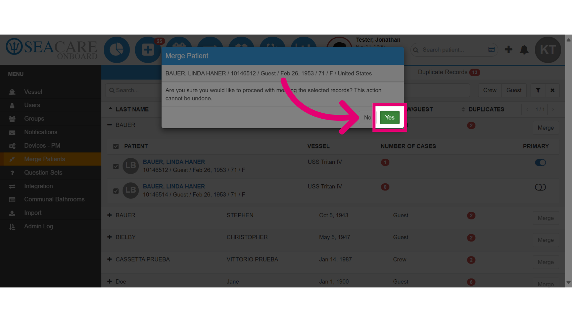 Confirm the merge action by selecting 'Yes'
