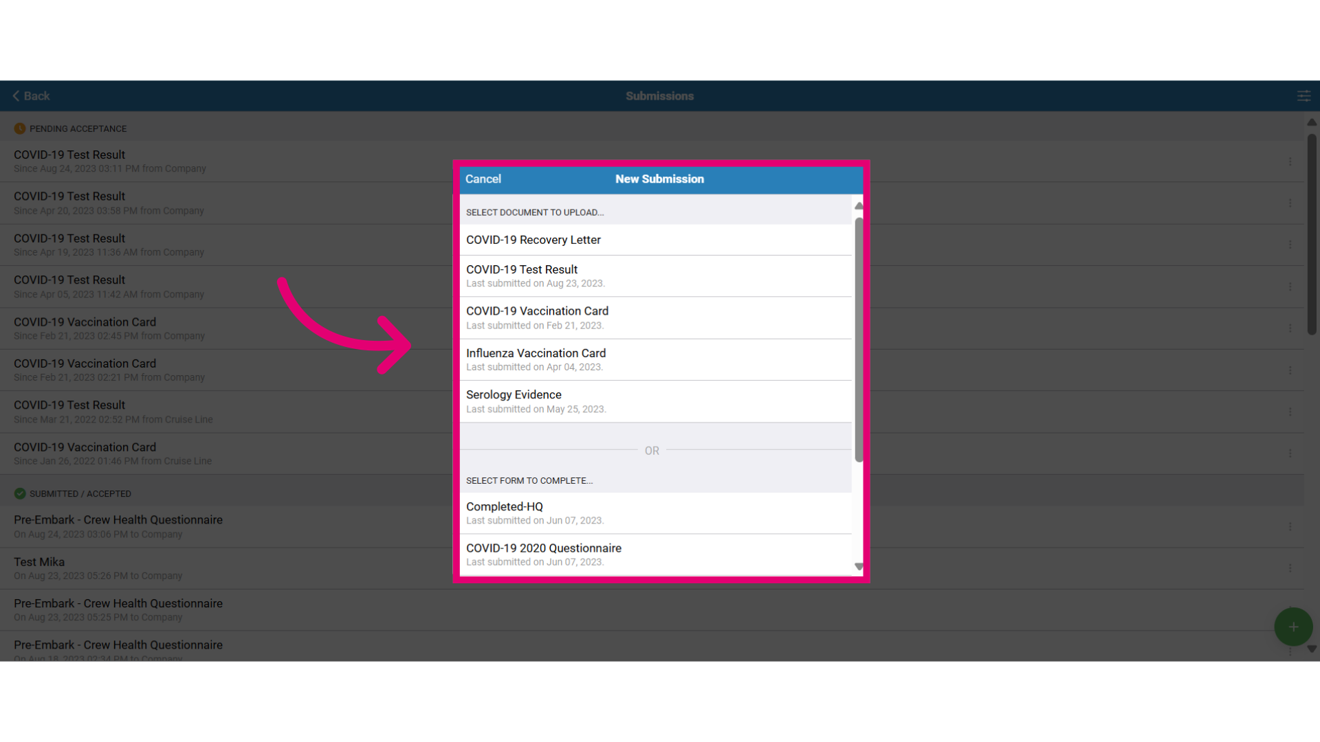You have two submissions options: Upload a document or Submit a form