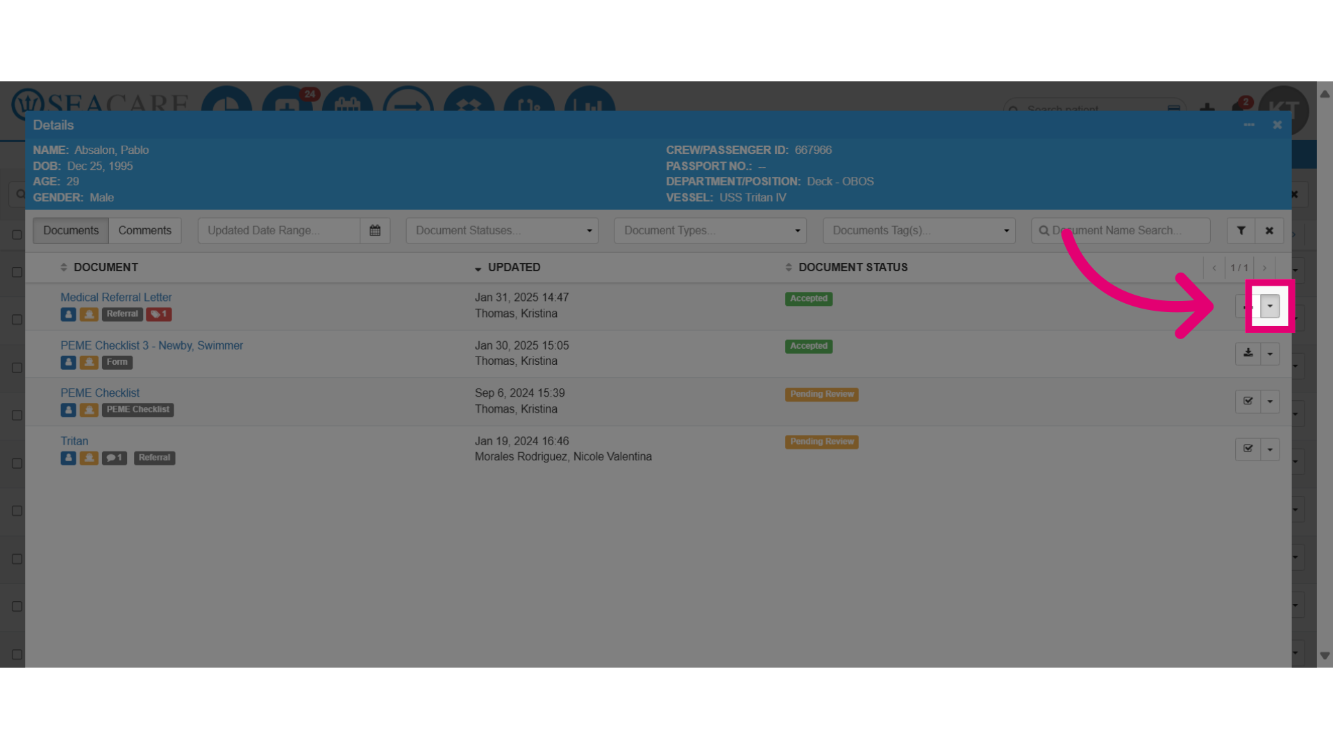 Select the Actions button for the document
