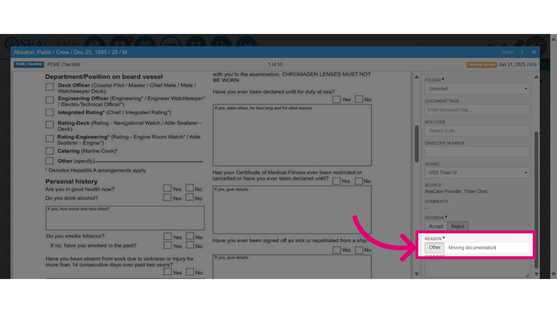 Add the 'Reason' for rejecting the document