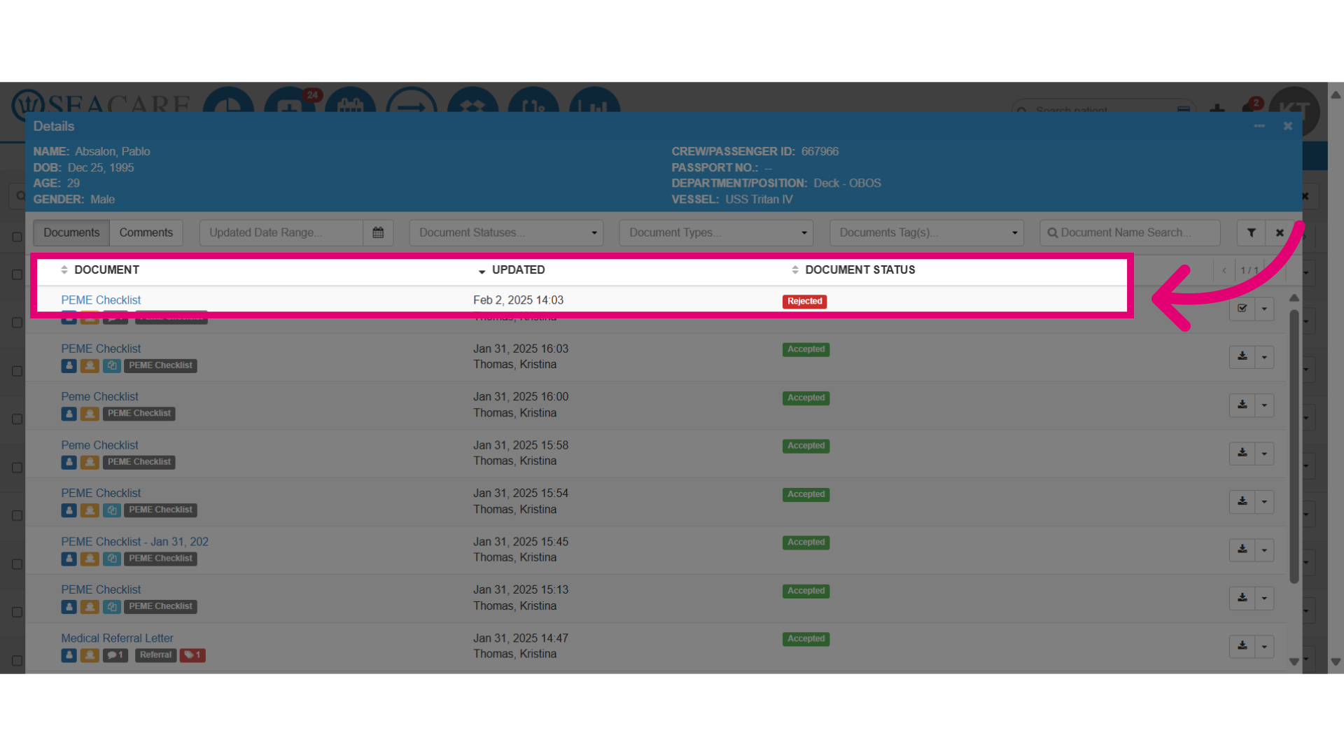 View updated 'Rejected' Document Status